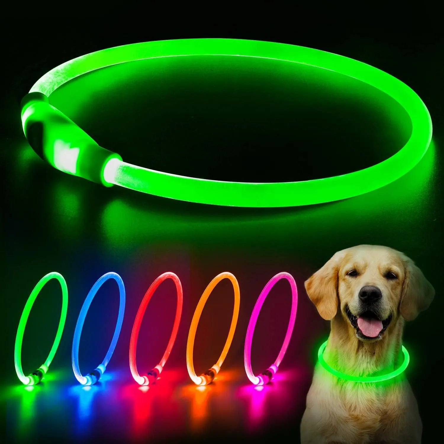USB-rechargeable LED dog collar glowing in blue with adjustable 70cm length for pet safety