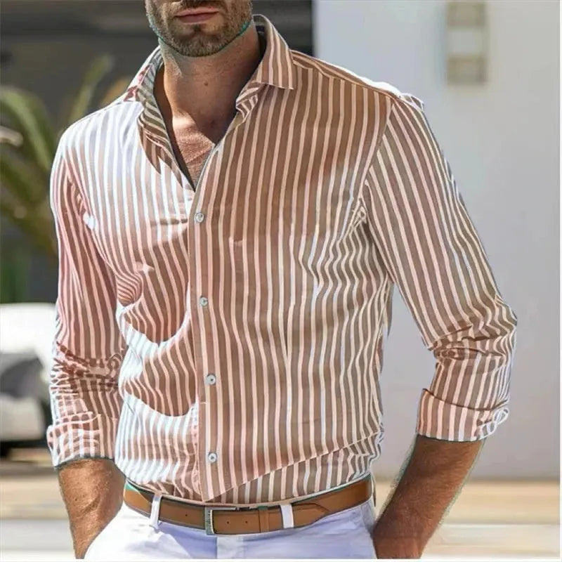 Men's slim fit striped long sleeve shirt in polyester, business commute style, sizes XS to 6XL