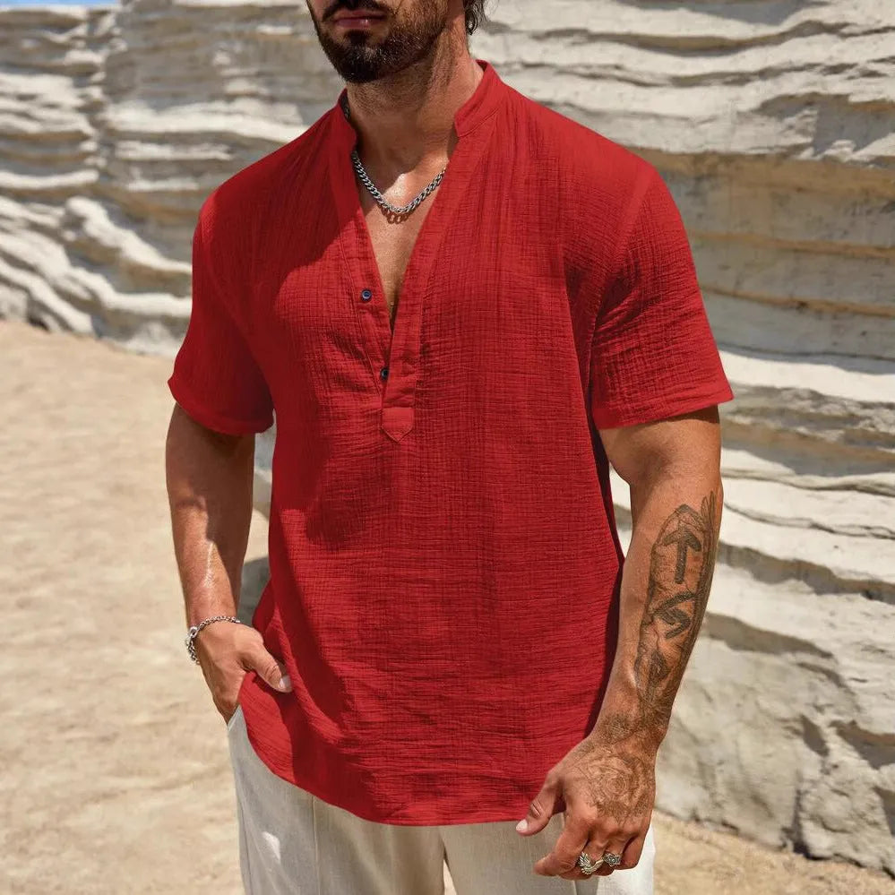 Men's solid colour stand collar short-sleeved shirt in lightweight polyester blend fabric for summer