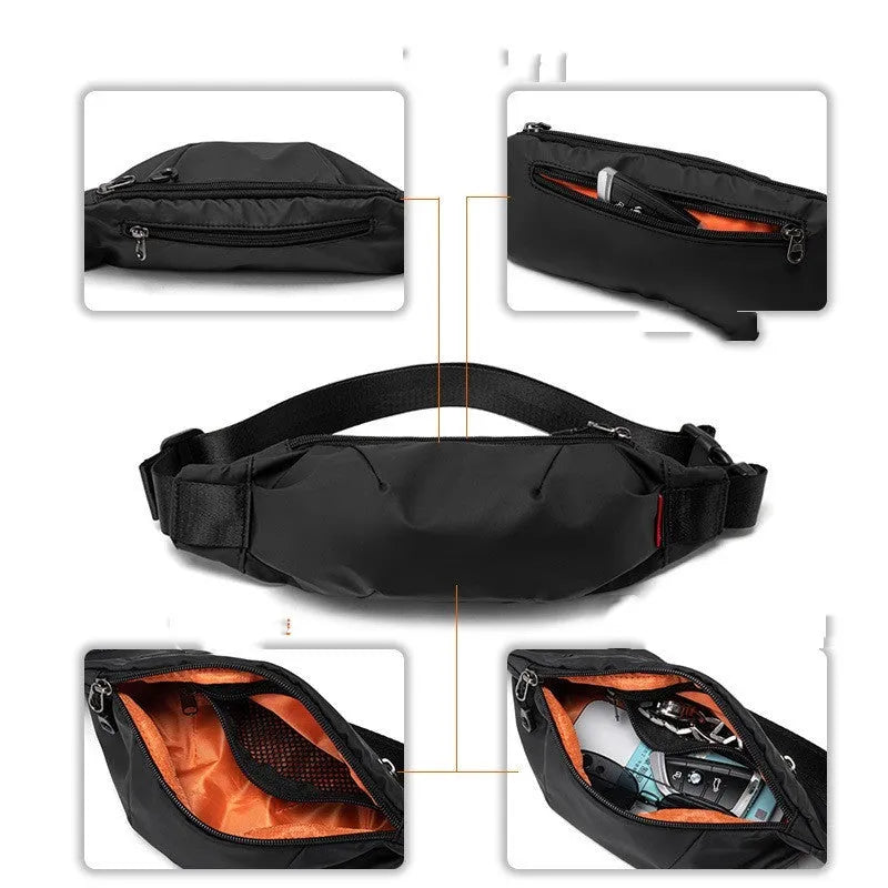 Black Oxford cloth waist pack with zipper opening showing internal mobile phone and ID card pockets