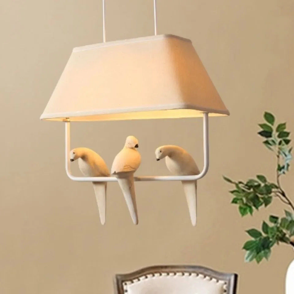 Iron droplight bird chandelier ceiling lamp with a decorative fabric shade featuring bird designs.
