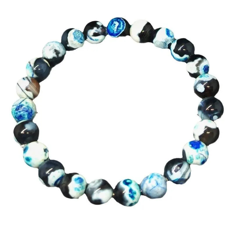 Ladies Bohemian bracelet with 8mm natural agate glass beads and adjustable silver clasp in four colour variations