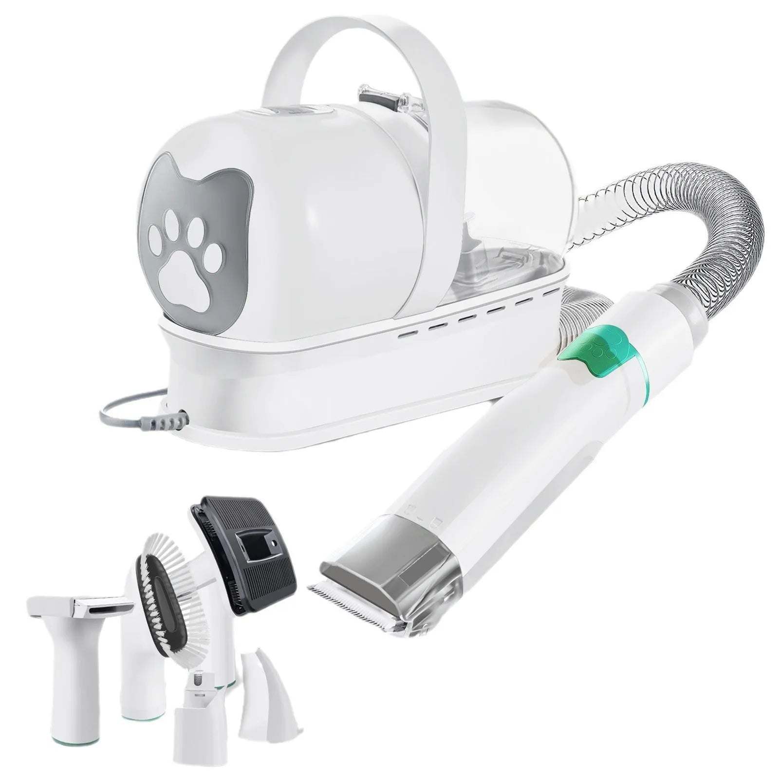 White 7-in-1 vacuum trimming pet grooming device with lady shaver attachment for dogs