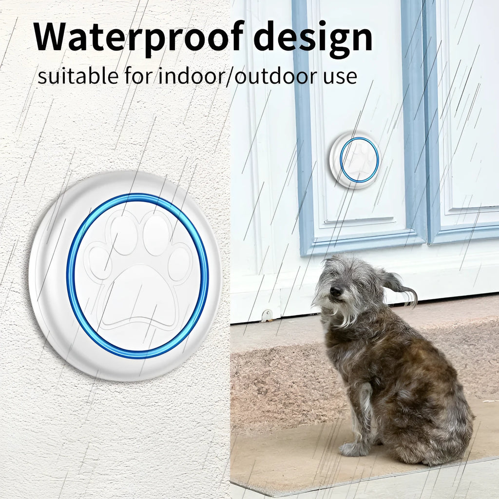 Black and white waterproof pet touch doorbell for dog training with wireless receiver.
