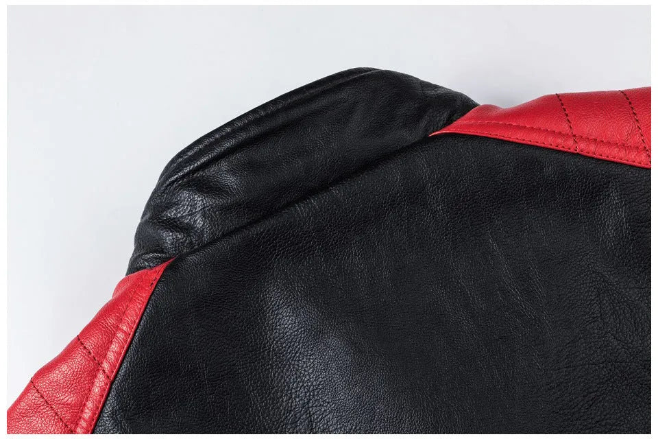 Men's PU leather motorcycle jacket with stand collar and zip pockets in brick red, brown or ivory white