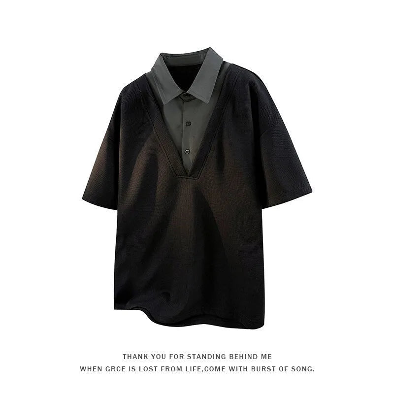 Men's black short-sleeved polo pullover sweater with a heavy henry collar