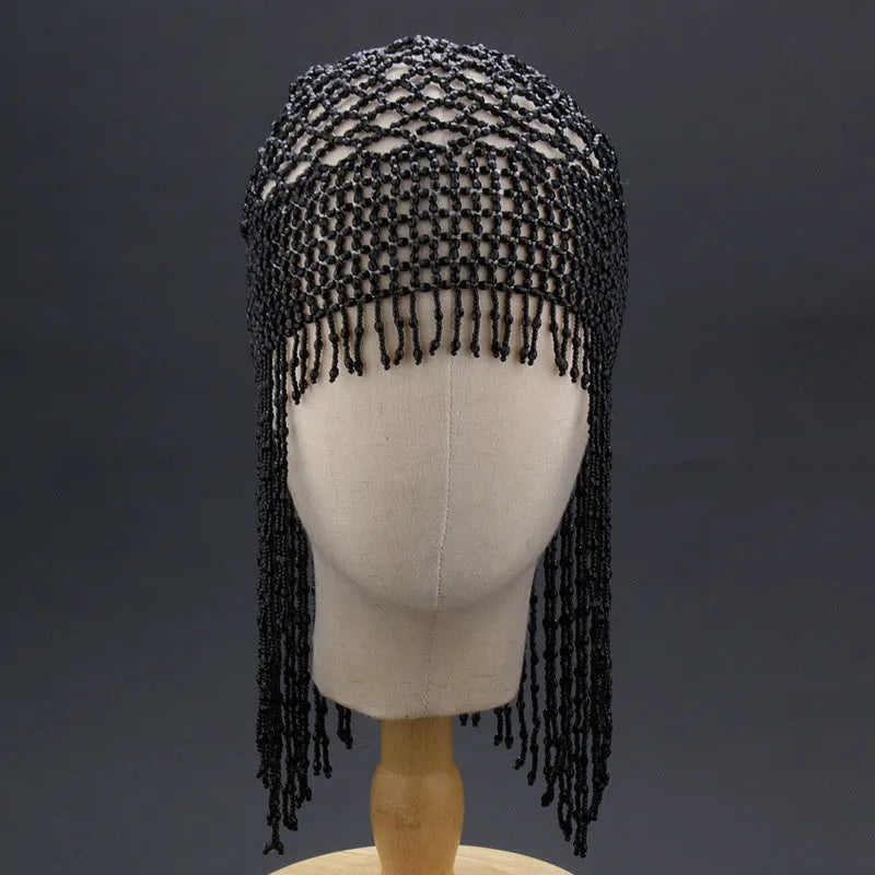 Handmade beaded belly dance hat with alloy tassel, 23cm width silver mesh decorative headwear
