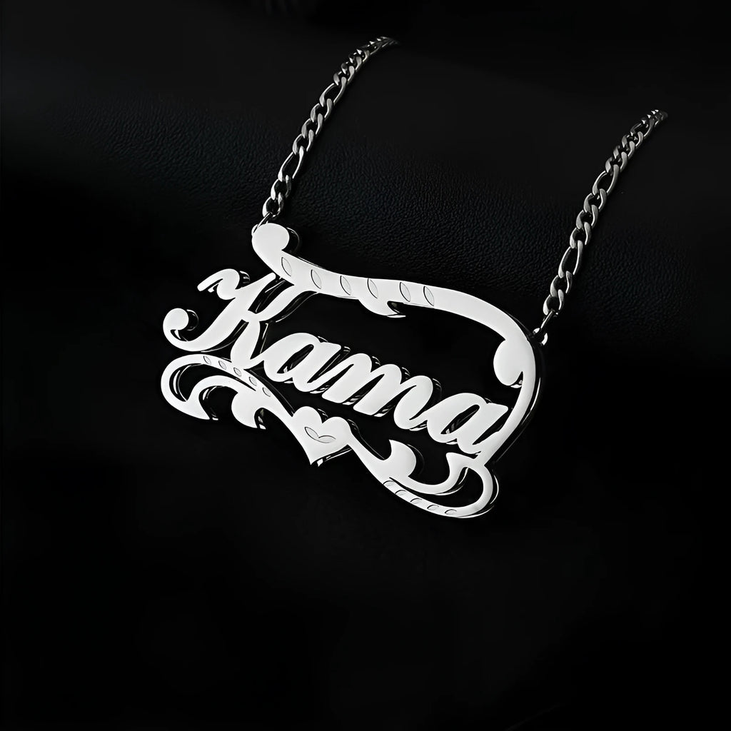 Personalised double-layer wave heart necklace with engraved text in gold or silver stainless steel