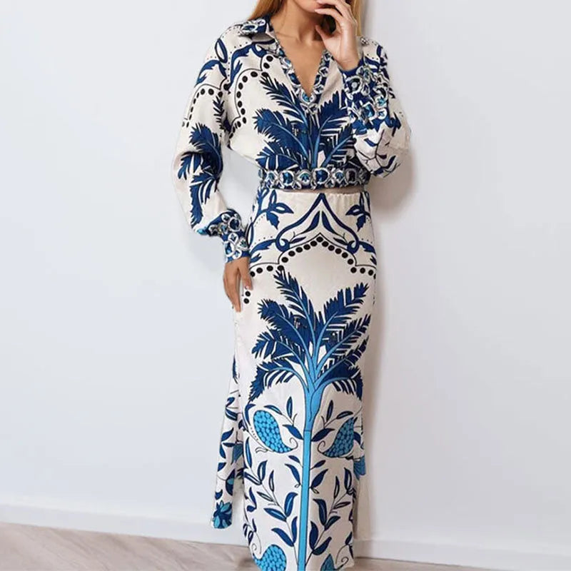 Flower Early Spring Casual Fashion Set with long sleeves and skirt in picture colour, sizes S to 3XL