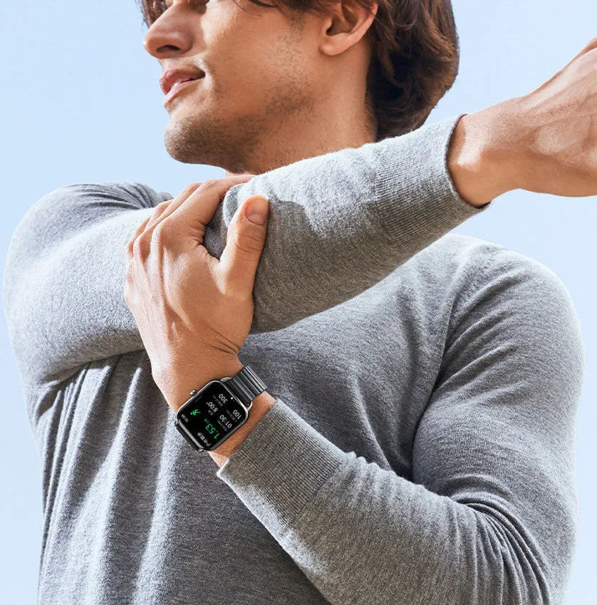 S4PLUS LS11 smartwatch with AMOLED display on wrist, showing workout stats and black colour option