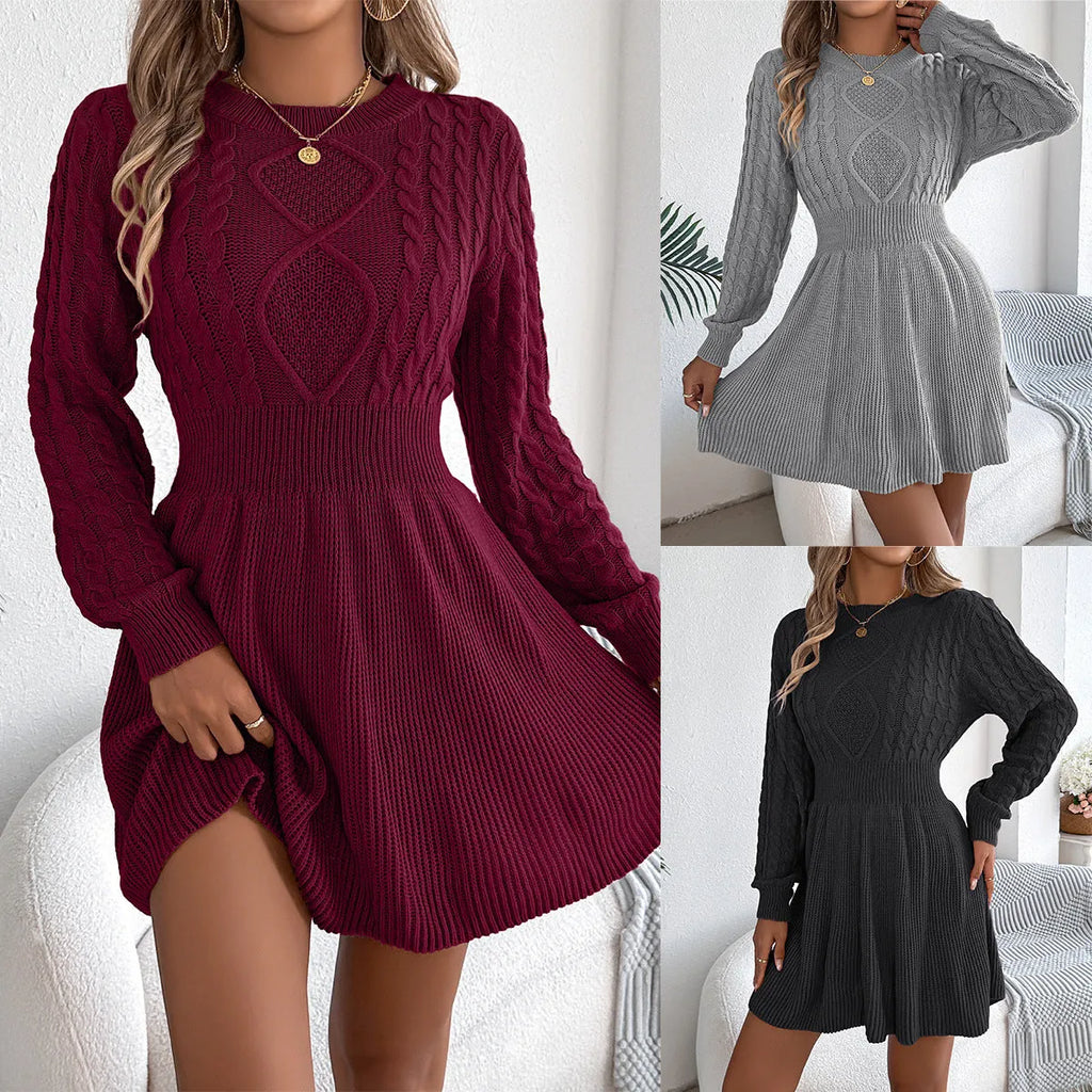 Solid colour lantern sleeve sweater dress with elastic waist in black, grey, or wine red, showing mid-length street fashion style