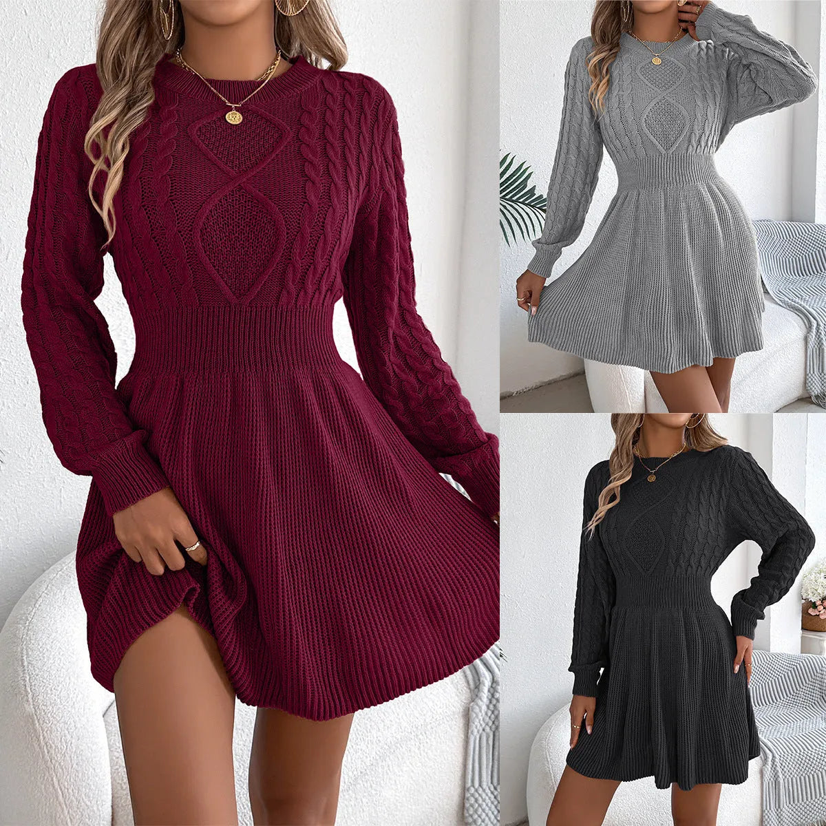 Solid colour lantern sleeve sweater dress with elastic waist in black, grey, or wine red, showing mid-length street fashion style