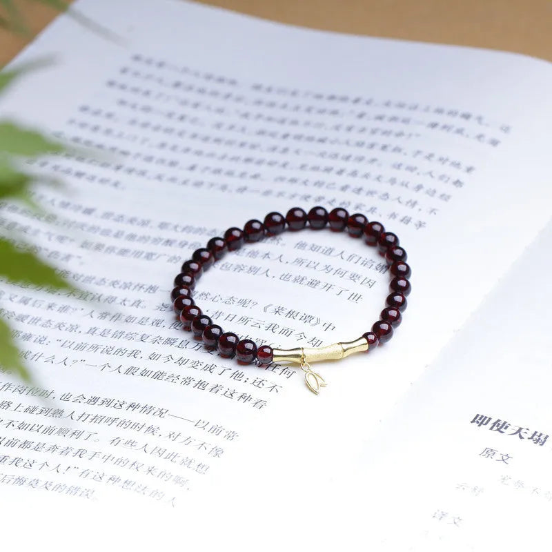 Natural garnet bamboo joint single ring bracelet with 6mm diameter in copper or silver finish