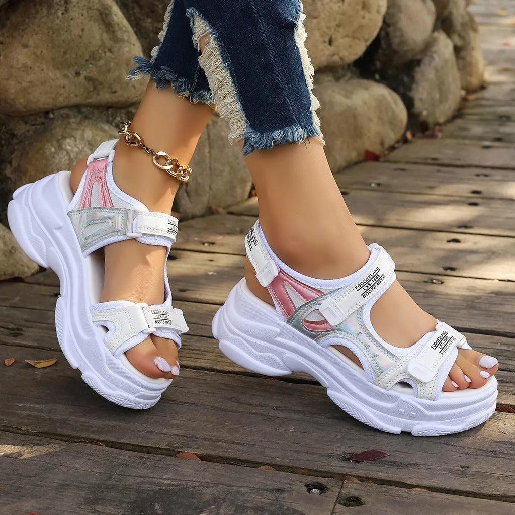 Women's Roman platform sports sandals in black with PU upper and rubber sole