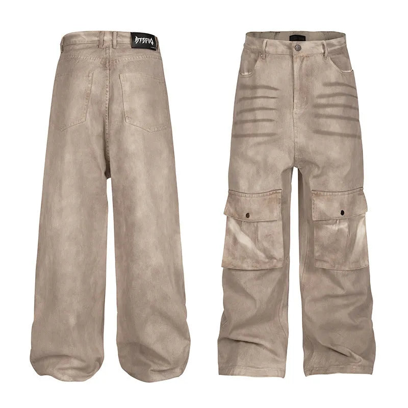 Women's Marble Dark straight leg cotton trousers with mid-waist and zip fly on hanger