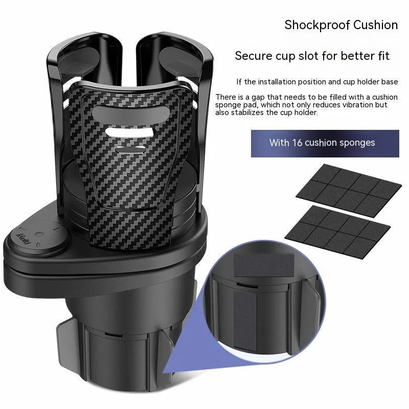 Second generation car cup holder modification with carbon fibre finish showing 8cm diameter ABS plastic construction