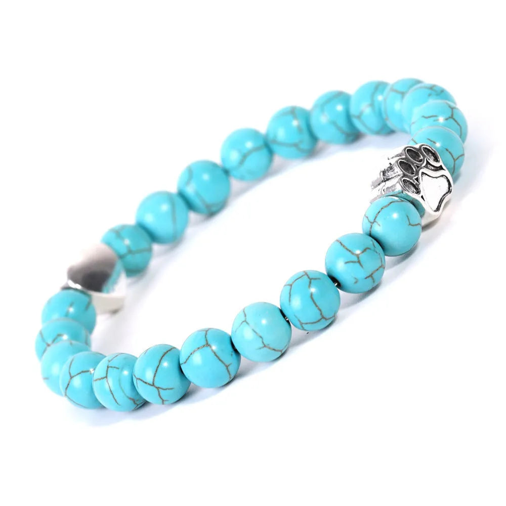 Tigereye Indian Agate stone bead bracelet with geometric shapes, dog's paw design and Peach Heart charm