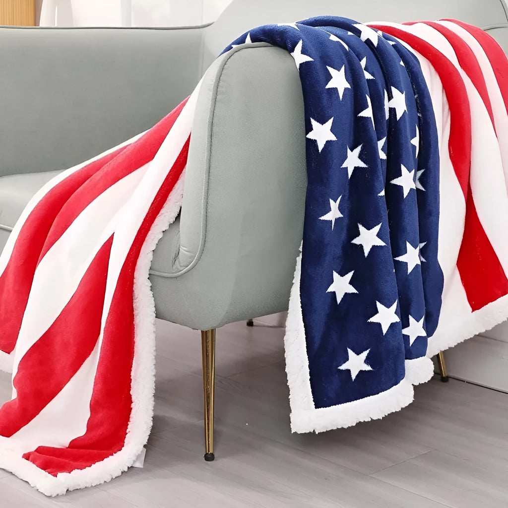 Striped polyester blanket in American style, shown in three sizes on a sofa.