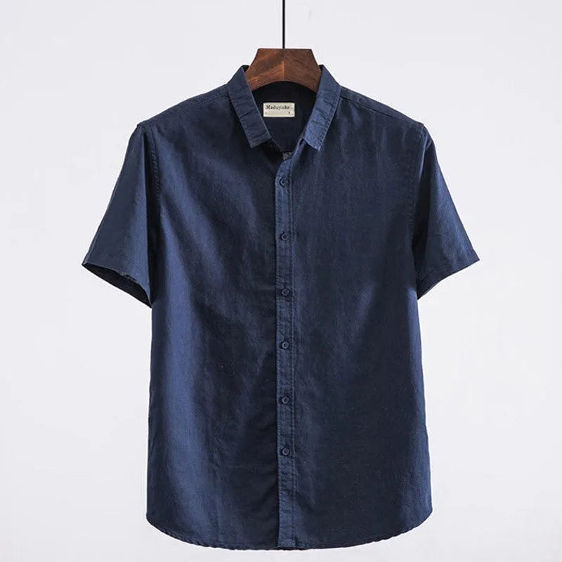 Men's square collar linen short sleeve shirt in loose fit casual style