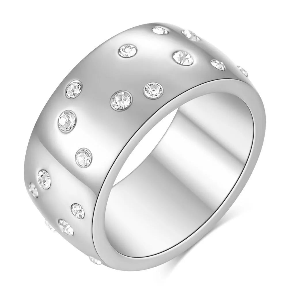 Titanium steel women's couple ring with diamond treatment in round geometric shape
