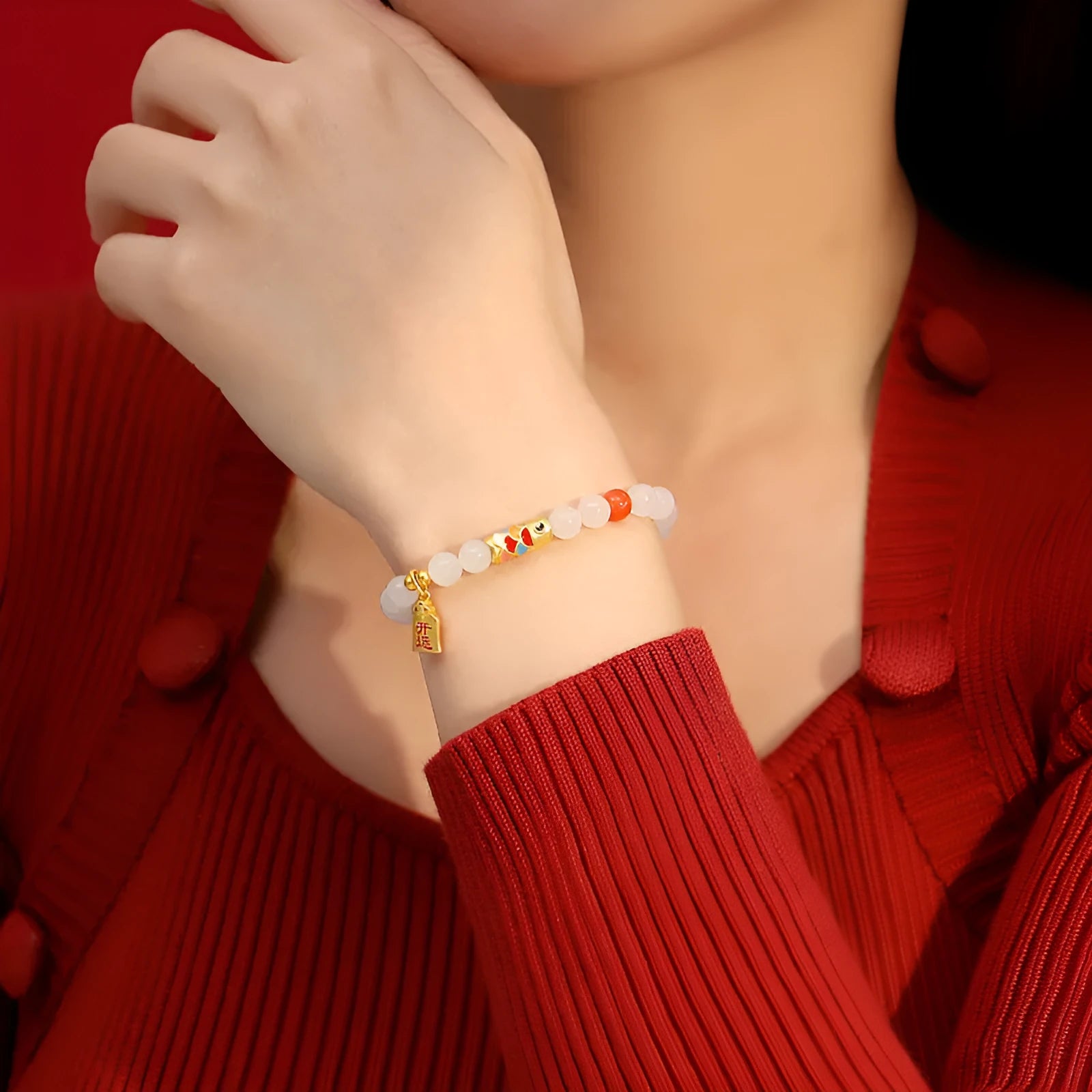 S925 sterling silver bracelet with natural Hetian jade and lucky koi cold enamel design, 6mm wide.