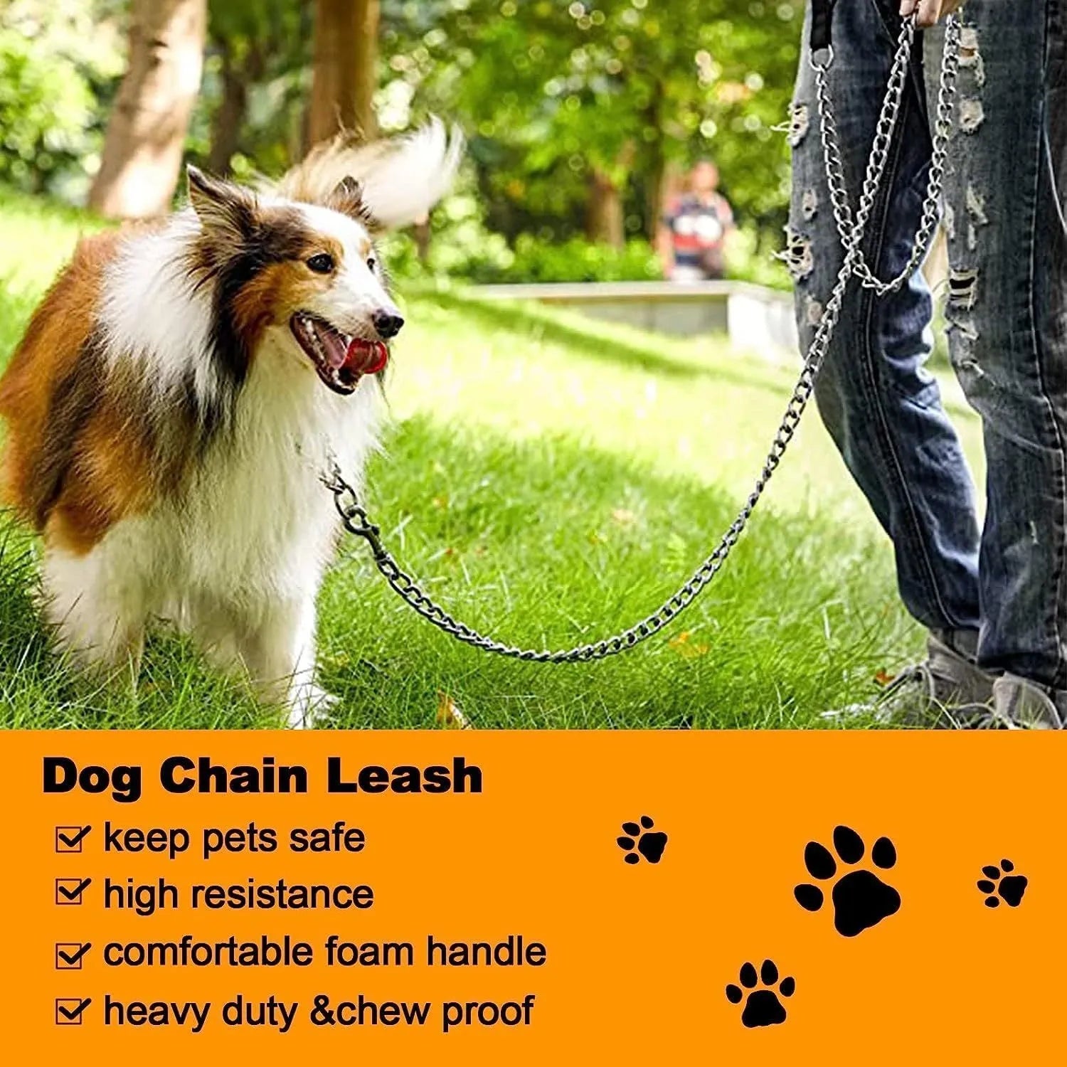 Heavy-duty metal dog leash with soft padded handle, 120cm chew-proof chain for large and medium dogs