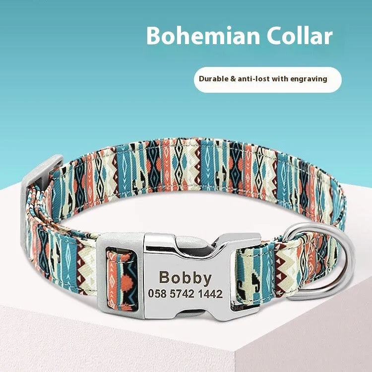 Adjustable canvas dog collar with semi-metal buckle in striped Bohemian pattern