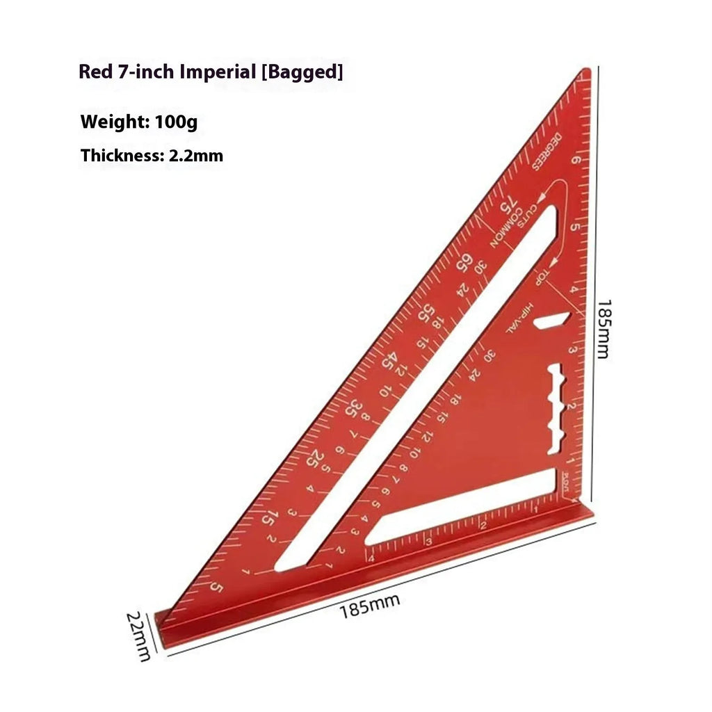 Red thin 7-inch metal combination angle ruler with metric scales on both sides, in a transparent bag