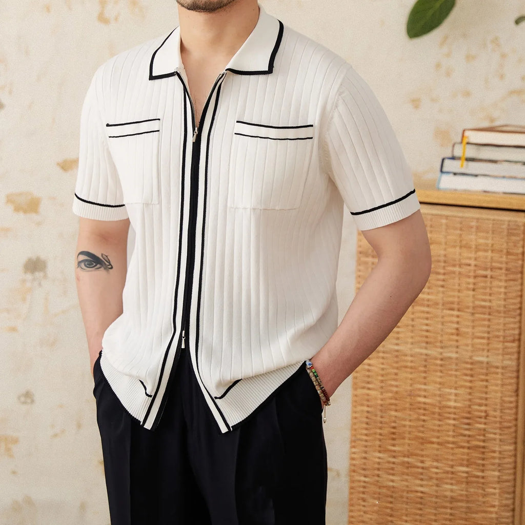 Black lapel collar short sleeve polo shirt on hanger showing slim fit and button placket