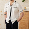 Black lapel collar short sleeve polo shirt on hanger showing slim fit and button placket