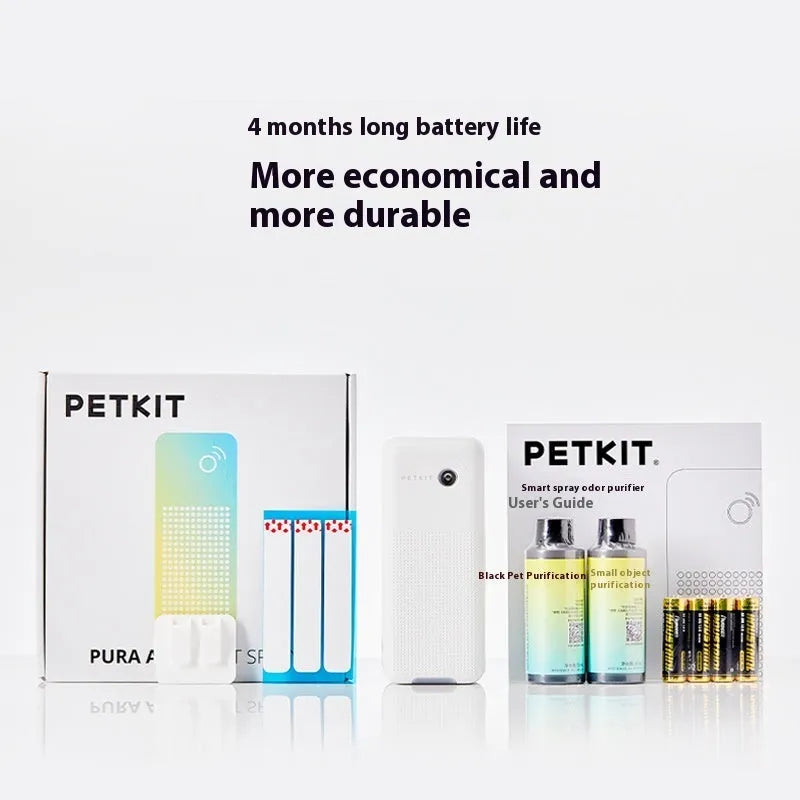 Smart Spray Odor Removal Machine for pet litter boxes, with battery compartment, mounting bracket, and purification liquid bottles.
