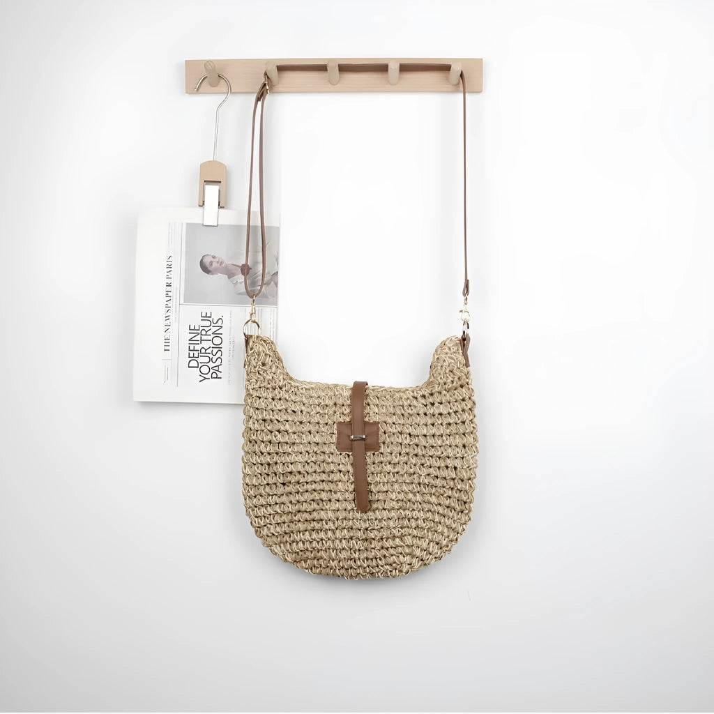 Handmade beige woven shoulder bag with decorative sewing thread details and sandwich pocket