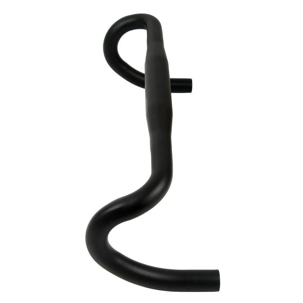 Black aluminium road bike drop handlebar with small bent shape and UNO printing marks