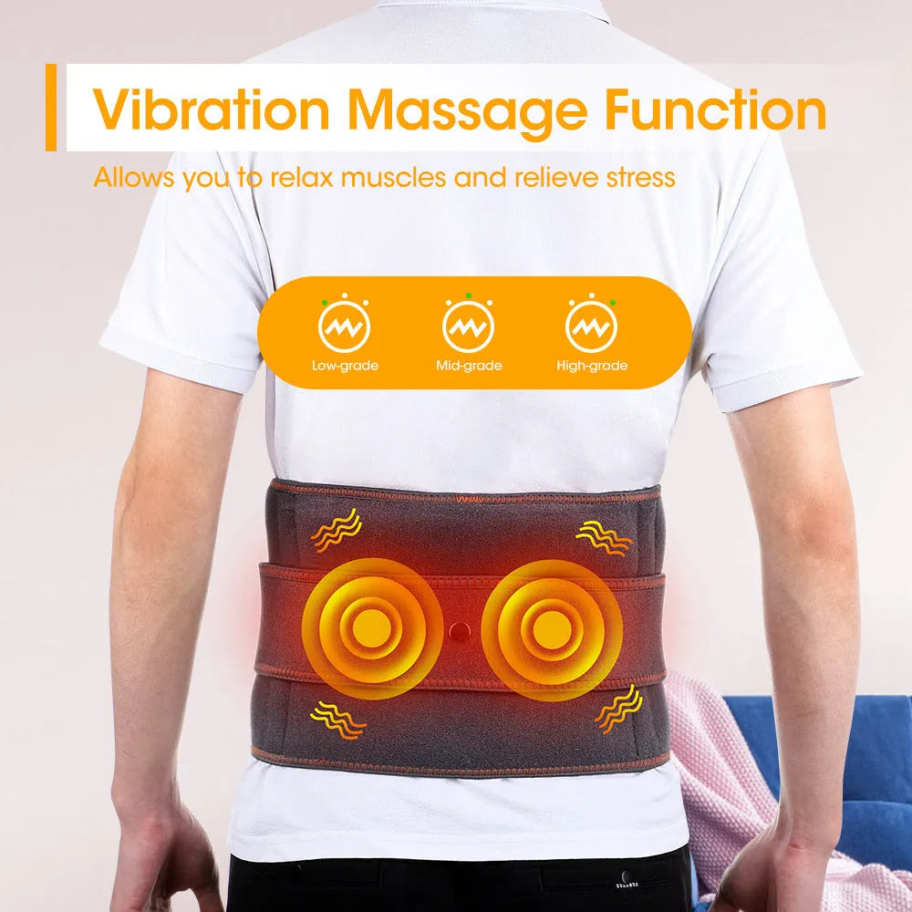 Grey fabric rechargeable electric heating belt with adjustable strap for back and waist warmth.
