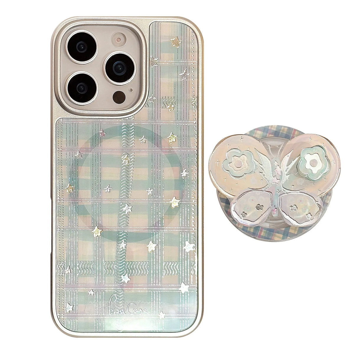 Gilding PC phone case with silver edge, plaid star butterfly pattern, rotating bow magnetic bracket for iPhone or Huawei