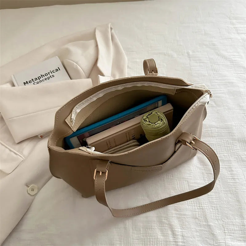 Women's PU leather tote bag with phone compartment in horizontal square design with double shoulder straps