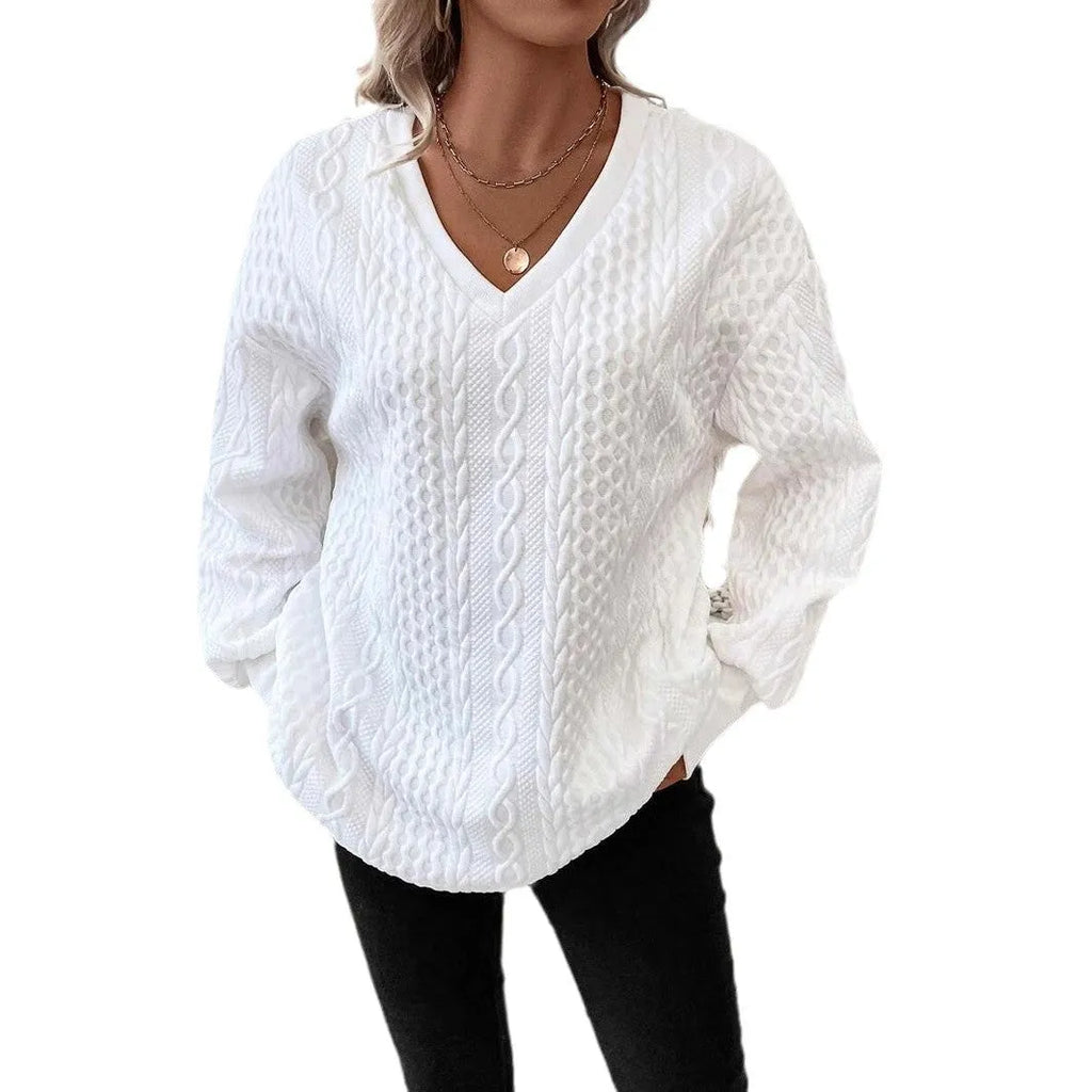 Milky White loose long sleeve T-shirt with 3D pattern, showing front view of polyester fabric and regular sleeves