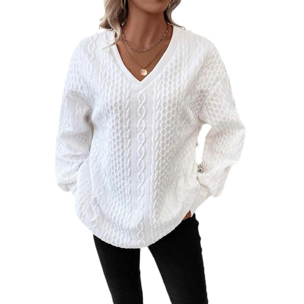 Milky White loose long sleeve T-shirt with 3D pattern, showing front view of polyester fabric and regular sleeves