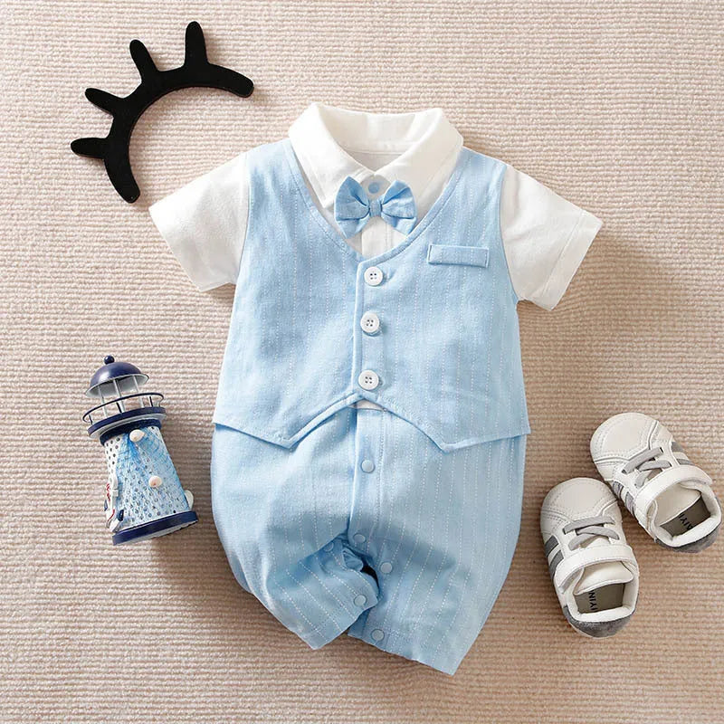 Baby boy gentleman style jumpsuit in cotton fabric with single-breasted closure and long sleeves