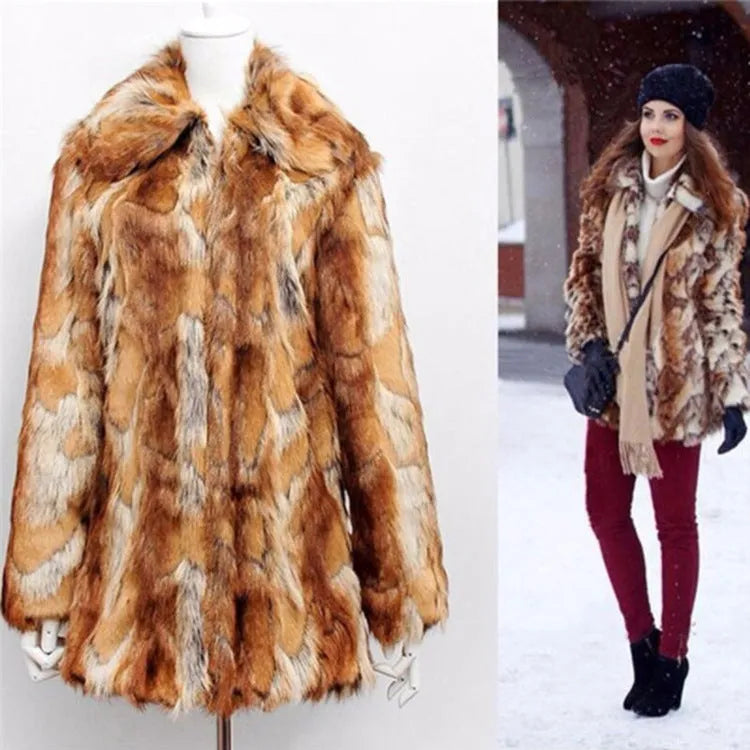 Women's tiger pattern artificial fur jacket with 65cm medium length and street fashion styling
