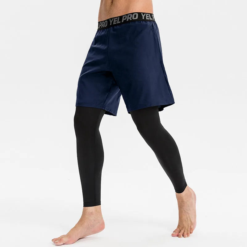 Men's grey quick-drying high-elasticity fitness tights for running and gym workouts