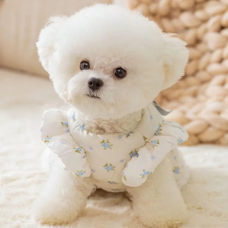 White thick dog dress with large bow, flower print and flannel lining for small dogs