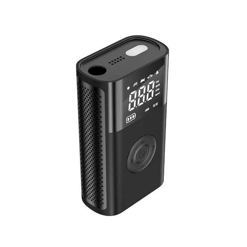 Wireless handheld digital display air pump with LCD screen showing tyre pressure, three nozzles, and charging cable