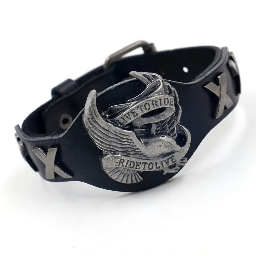 Black geometric leather bracelet with alloy eagle watch-button closure, showing 26cm length and 1.7-3.8cm width variation