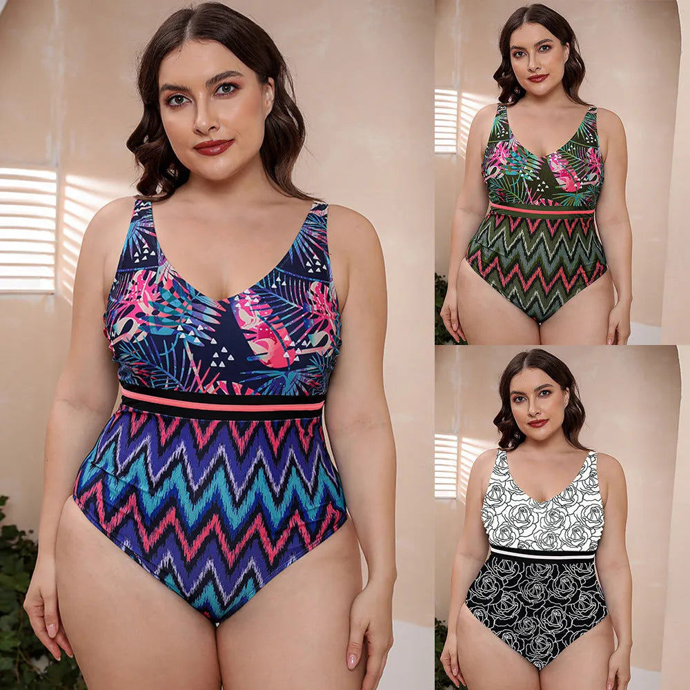 Women's printed one-piece swimsuit with spaghetti straps and striped vest in blue, white, or green patterns