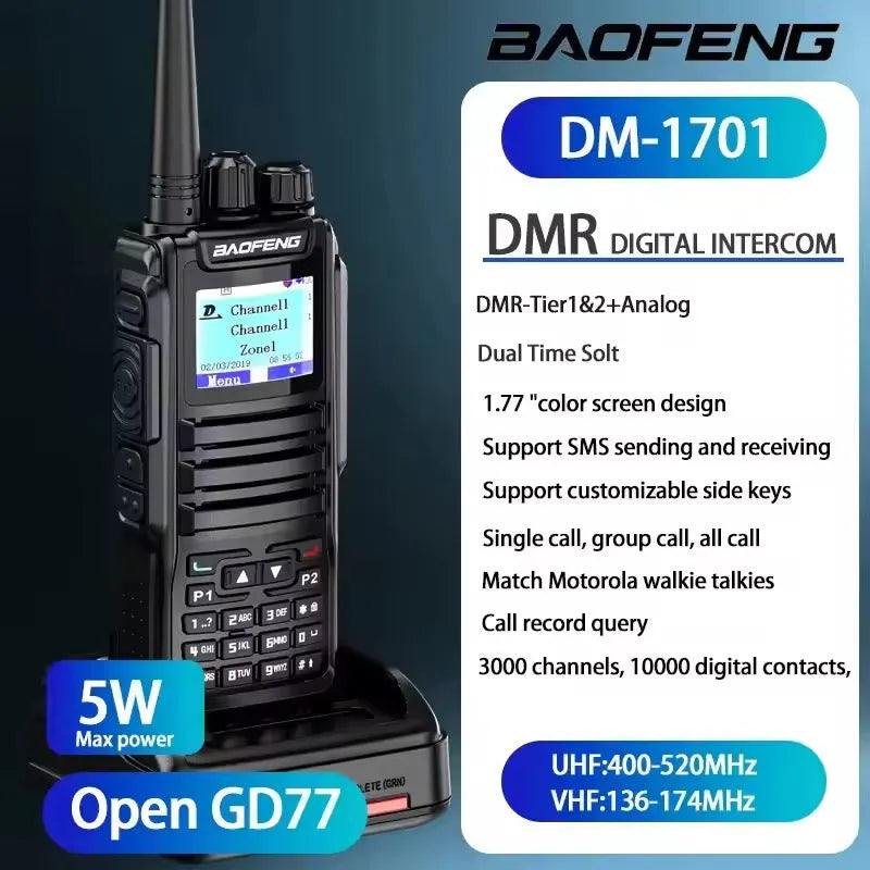 DM-1701 digital interphone with dual time slot, 999 channels, 5W RF output, lithium battery