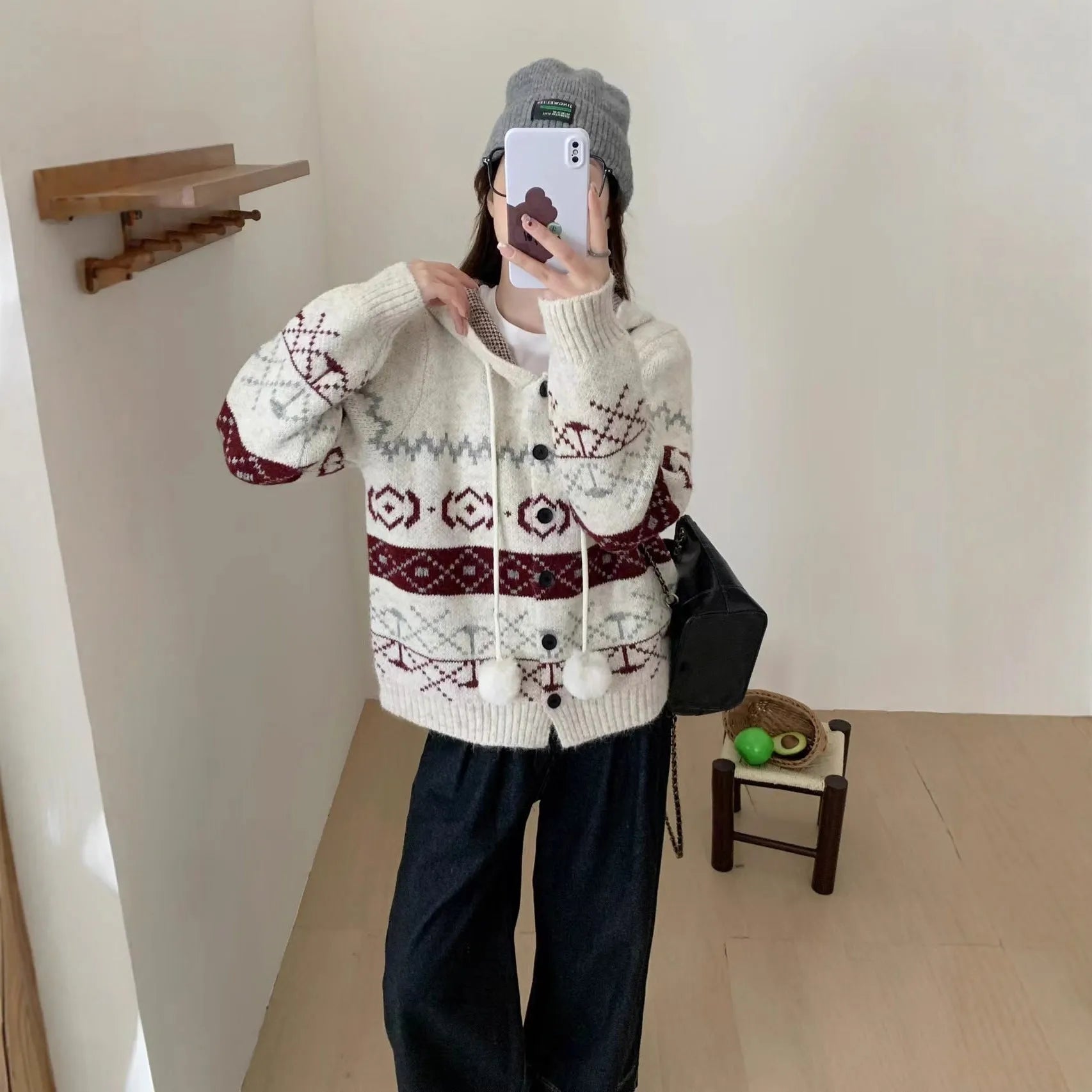 Idle Style brocade sweater coat with geometric pattern in milky white, loose fit plus size women's outerwear