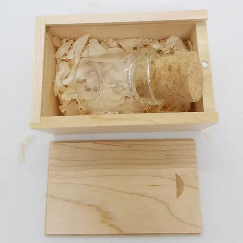 Transparent wooden bottle USB flash drive measuring 60mm by 28mm with capacity options up to 64GB