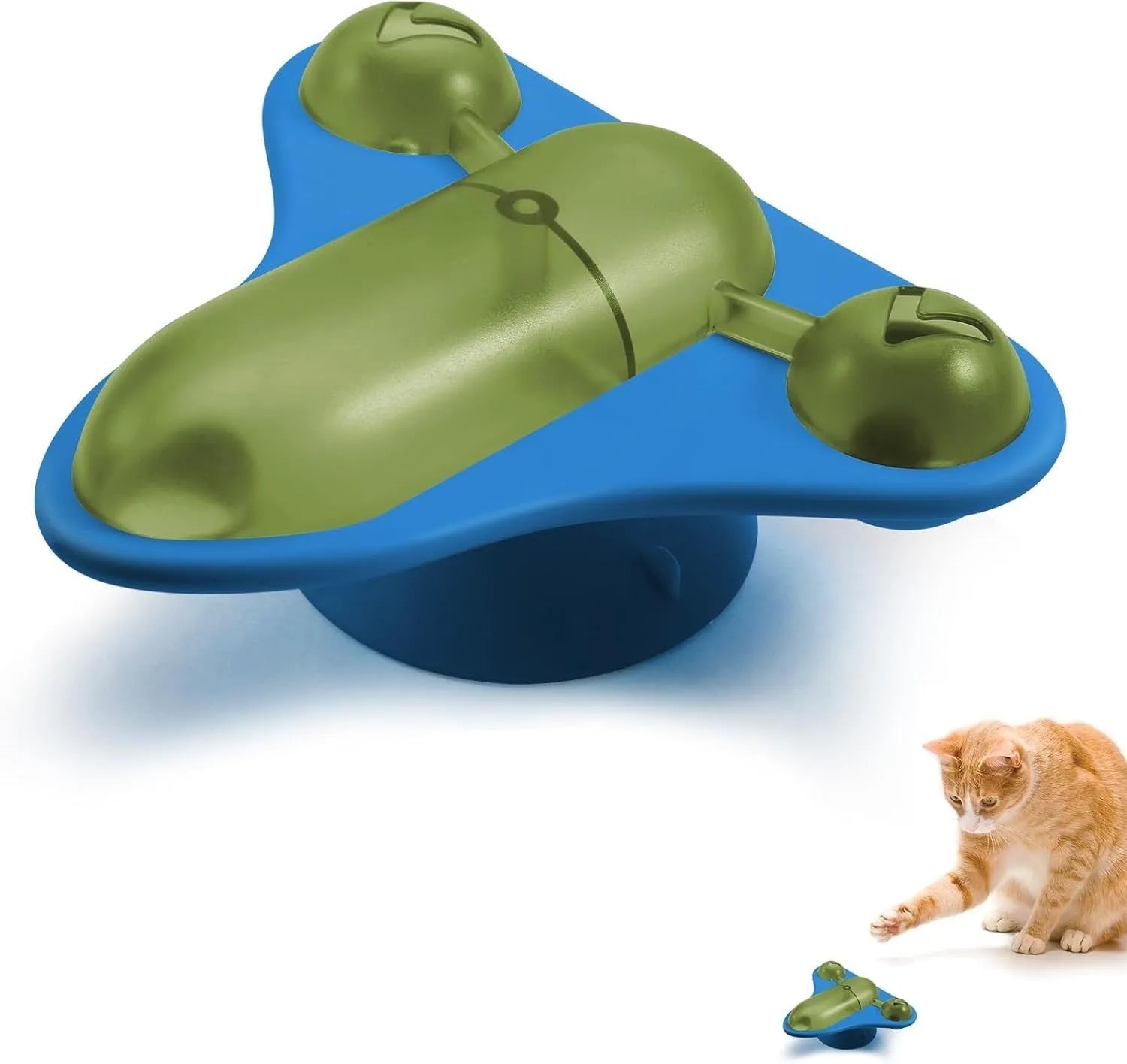 Blue interactive cat toy puzzle with slow feeder, bell, catnip, and airplane cabin for pet enrichment