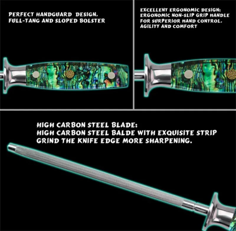 Household kitchen knife sharpener with high carbon steel blade and abalone shell handle